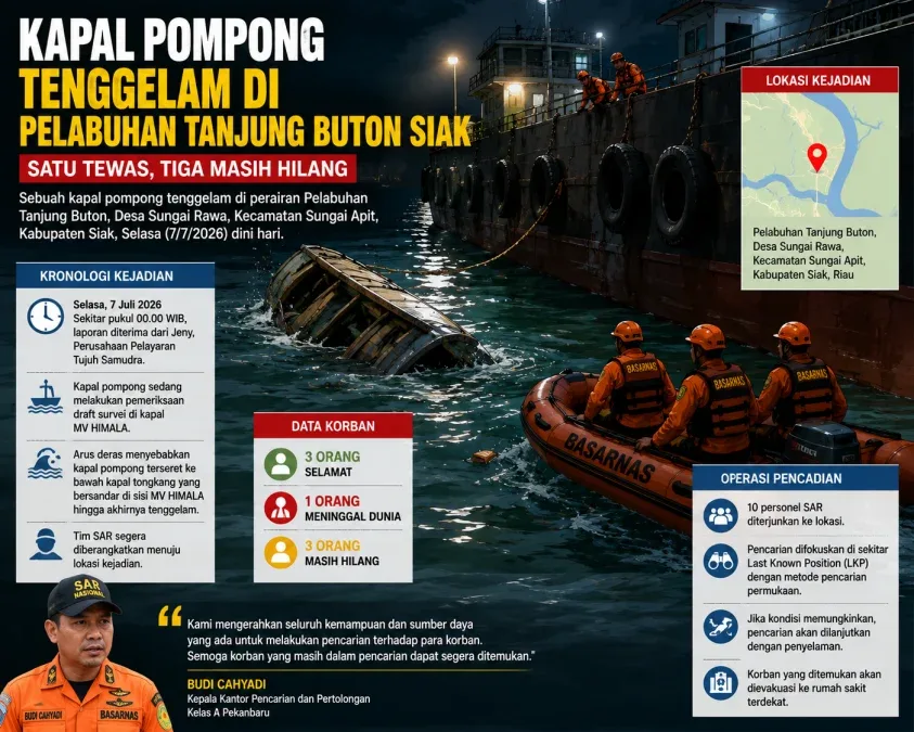 Kapal Pompong Tenggelam di Siak, Tiga Korban Hilang