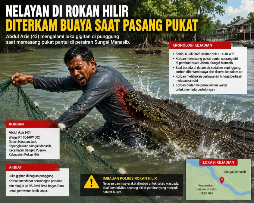 Nelayan di Rokan Hilir Diterkam Buaya Saat Pasang Pukat